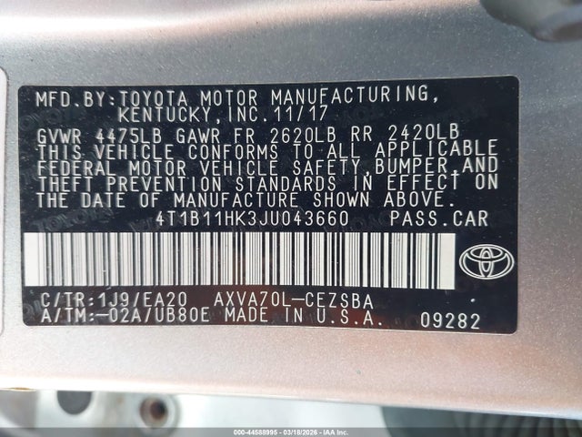 44588995 :رقم المزاد ، 4T1B11HK3JU043660 vin ، 2018 Toyota Camry Se مزاد بيع