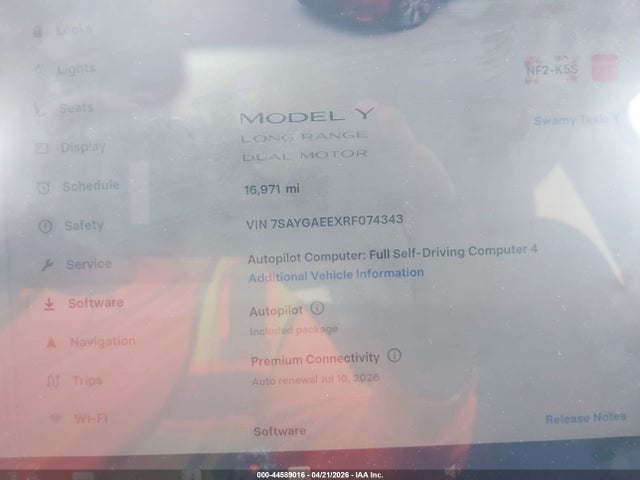 44589016 :رقم المزاد ، 7SAYGAEEXRF074343 vin ، 2024 Tesla Model Y Long Range Dual Motor All-wheel Drive مزاد بيع