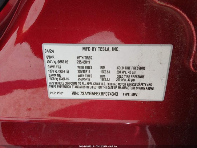 44589016 :رقم المزاد ، 7SAYGAEEXRF074343 vin ، 2024 Tesla Model Y Long Range Dual Motor All-wheel Drive مزاد بيع