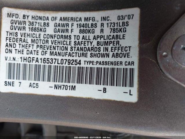 2007 Honda Civic Lx მანქანა იყიდება აუქციონზე, vin: 1HGFA16537L079254, აუქციონის ნომერი: 44589040
