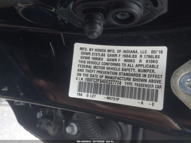 Aukcja sprzedaży 2016 Honda Civic Lx, vin: 19XFC2F54GE227774, numer aukcji: 44589042
