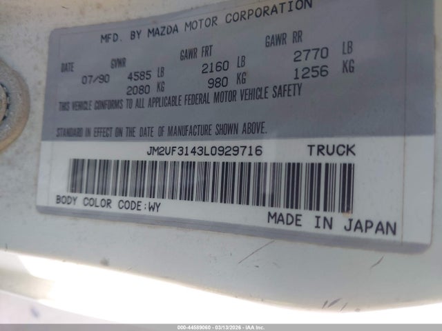 44589060 :رقم المزاد ، JM2UF3143L0929716 vin ، 1990 Mazda B2600 Cab Plus مزاد بيع