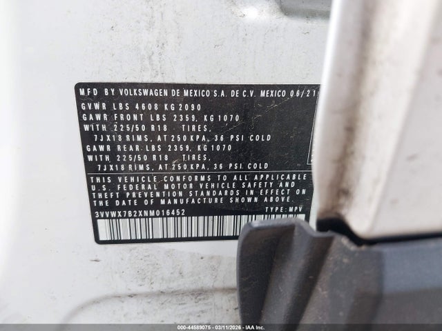 44589075 :رقم المزاد ، 3VVWX7B2XNM016452 vin ، 2022 Volkswagen Taos 1.5t Se مزاد بيع