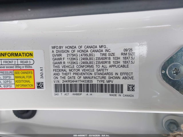 2026 Honda Cr-v Ex Awd მანქანა იყიდება აუქციონზე, vin: 2HKRS4H41TH433835, აუქციონის ნომერი: 44589077
