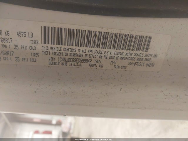 2014 Jeep Compass Latitude მანქანა იყიდება აუქციონზე, vin: 1C4NJDEB9ED599842, აუქციონის ნომერი: 44589081