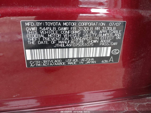 Aukcja sprzedaży 2007 Lexus Ls 460, vin: JTHBL46F075051075, numer aukcji: 44589200