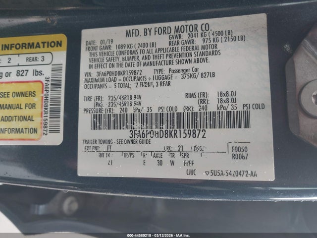 Продаж на аукціоні авто 2019 Ford Fusion Se, vin: 3FA6P0HD8KR159872, номер лоту: 44589218