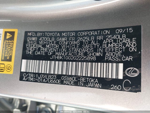 44589232 :رقم المزاد ، JTHBK1GG2G2225898 vin ، 2016 Lexus Es 350 مزاد بيع