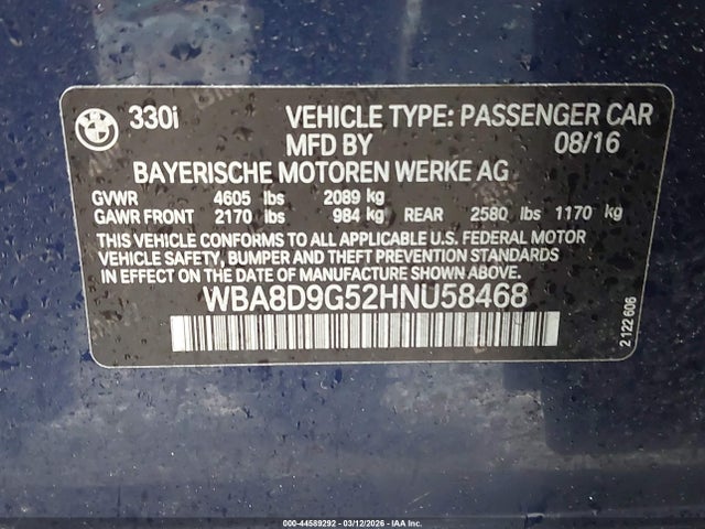 Aukcja sprzedaży 2017 Bmw 330i Xdrive, vin: WBA8D9G52HNU58468, numer aukcji: 44589292