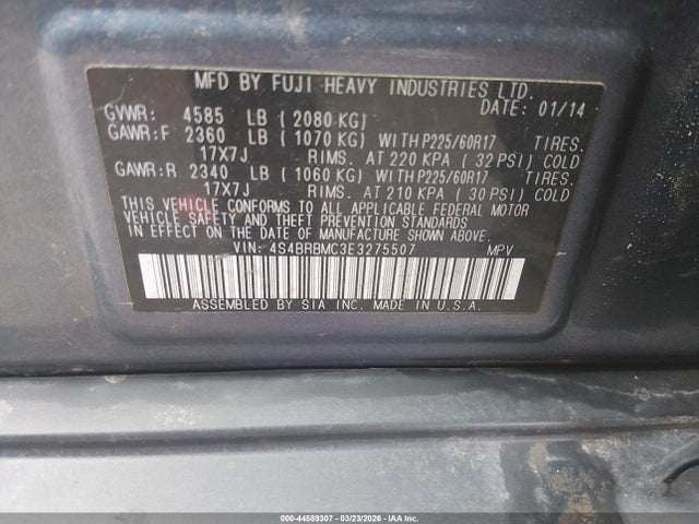 2014 Subaru Outback 2.5i Limited მანქანა იყიდება აუქციონზე, vin: 4S4BRBMC3E3275507, აუქციონის ნომერი: 44589307