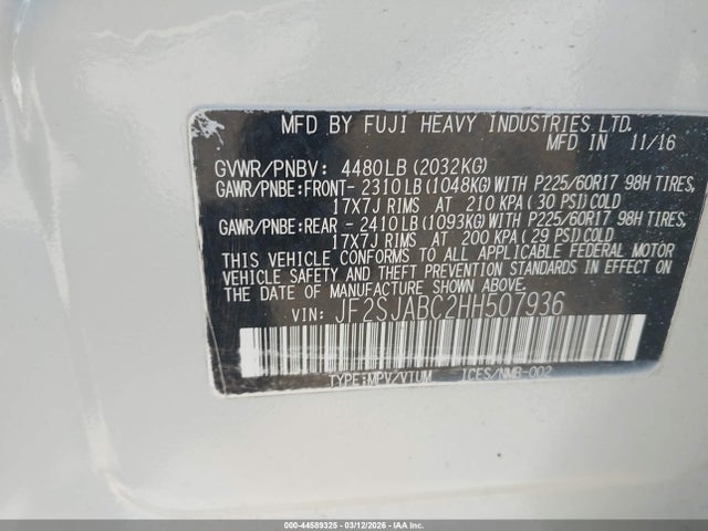 Продажа на аукционе авто 2017 Subaru Forester 2.5i, vin: JF2SJABC2HH507936, номер лота: 44589325