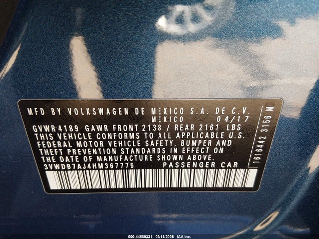 Aukcja sprzedaży 2017 Volkswagen Jetta 1.4t Se, vin: 3VWDB7AJ4HM367775, numer aukcji: 44589331