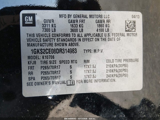 44589352 :رقم المزاد ، 1GKS2CE08DR314983 vin ، 2013 Gmc Yukon Slt مزاد بيع