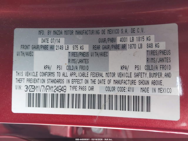 Продаж на аукціоні авто 2015 Mazda Mazda3 I Touring, vin: 3MZBM1V7XFM124949, номер лоту: 44589381