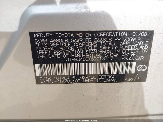 44589387 :رقم المزاد ، JTHBJ46GX82213117 vin ، 2008 Lexus Es 350 مزاد بيع