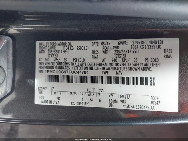 Ford ESCAPE SE 2015 1FMCU9G97FUC44784 Image 9