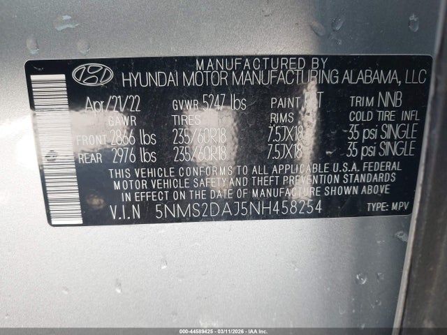 2022 Hyundai Santa Fe Sel მანქანა იყიდება აუქციონზე, vin: 5NMS2DAJ5NH458254, აუქციონის ნომერი: 44589425