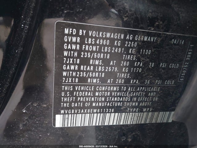 2014 Volkswagen Tiguan Sel მანქანა იყიდება აუქციონზე, vin: WVGBV3AX8EW611336, აუქციონის ნომერი: 44589439