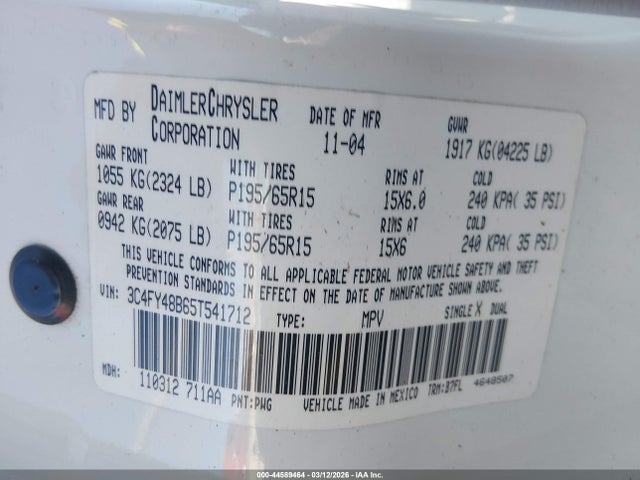 Продажа на аукционе авто 2005 Chrysler Pt Cruiser, vin: 3C4FY48B65T541712, номер лота: 44589464