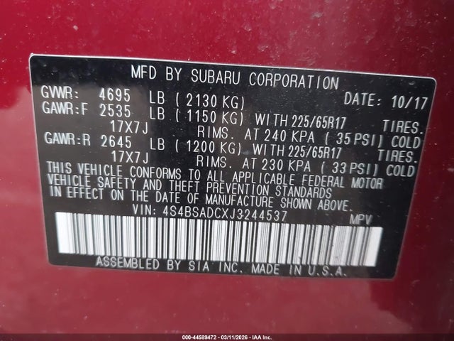 Aukcja sprzedaży 2018 Subaru Outback 2.5i Premium, vin: 4S4BSADCXJ3244537, numer aukcji: 44589472