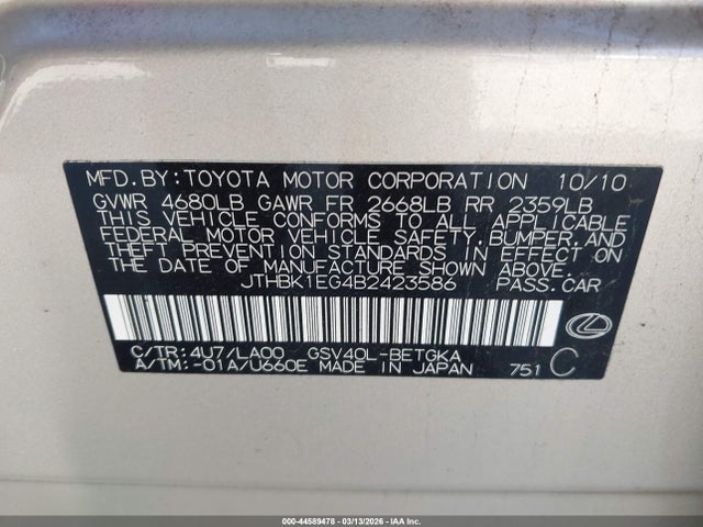 Auction sale of the 2011 Lexus Es 350, vin: JTHBK1EG4B2423586, lot number: 44589478