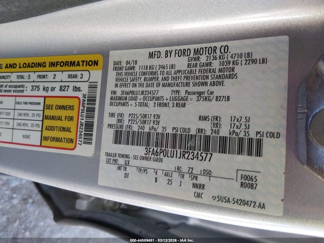 Aukcja sprzedaży 2018 Ford Fusion Hybrid Se, vin: 3FA6P0LU1JR234577, numer aukcji: 44589481