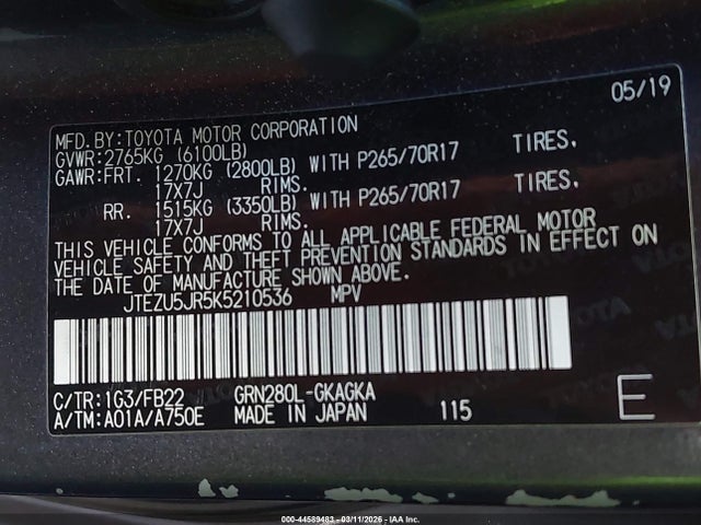 2019 TOYOTA 4RUNNER JTEZU5JR5K5210536 Photo 8