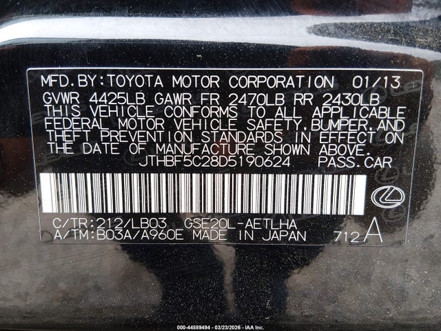 44589494 :رقم المزاد ، JTHBF5C28D5190624 vin ، 2013 Lexus Is 250 مزاد بيع