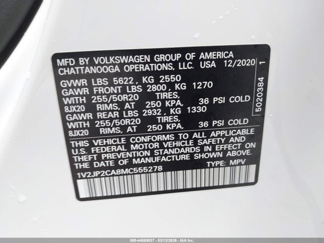 Aukcja sprzedaży 2021 Volkswagen Atlas 2.0t Se W/technology, vin: 1V2JP2CA8MC555278, numer aukcji: 44589537