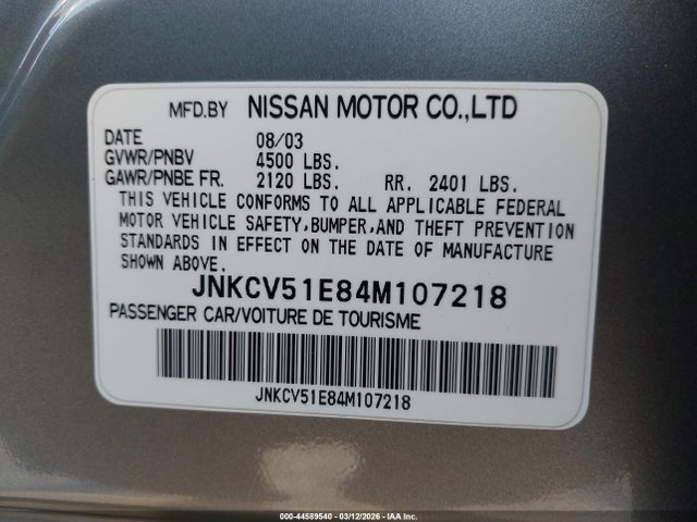Aukcja sprzedaży 2004 Infiniti G35, vin: JNKCV51E84M107218, numer aukcji: 44589540