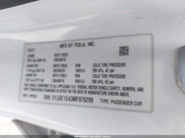 Aukcja sprzedaży 2021 Tesla Model 3 Standard Range Plus Rear-wheel Drive, vin: 5YJ3E1EA3MF976299, numer aukcji: 44589553