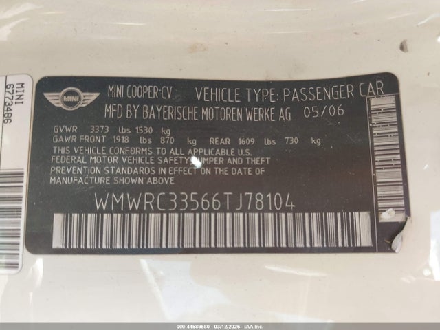 2006 MINI COOPER WMWRC33566TJ78104 Photo 8