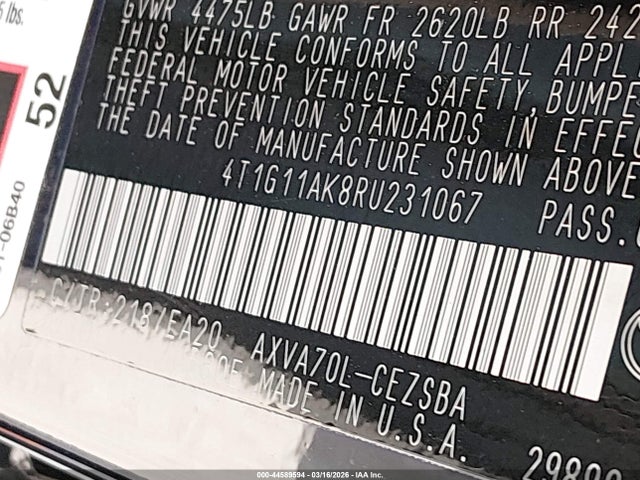 4T1G11AK8RU231067 Toyota CAMRY SE