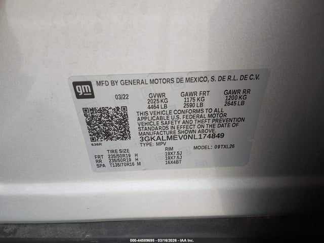 44589695 :رقم المزاد ، 3GKALMEV0NL174849 vin ، 2022 Gmc Terrain Fwd Sle مزاد بيع