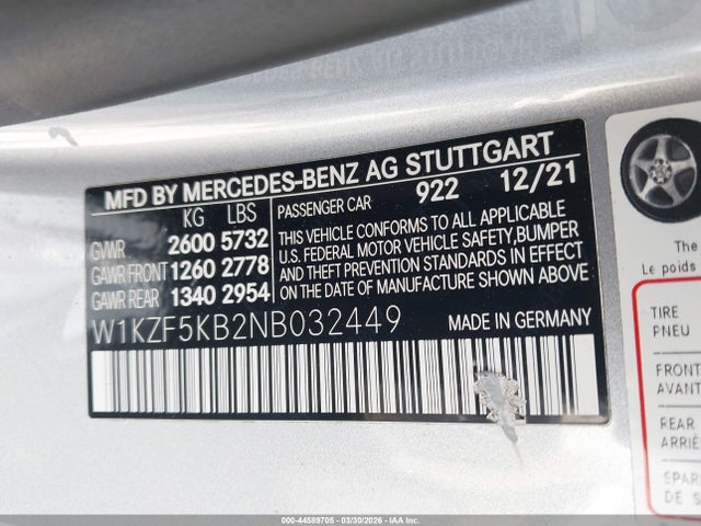 Aukcja sprzedaży 2022 Mercedes-benz E 450 4matic, vin: W1KZF5KB2NB032449, numer aukcji: 44589705