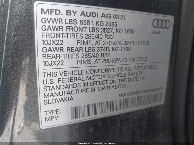 2021 Audi Sq8 Prestige Tfsi Quattro Tiptronic მანქანა იყიდება აუქციონზე, vin: WA1CWBF1XMD031675, აუქციონის ნომერი: 44589707