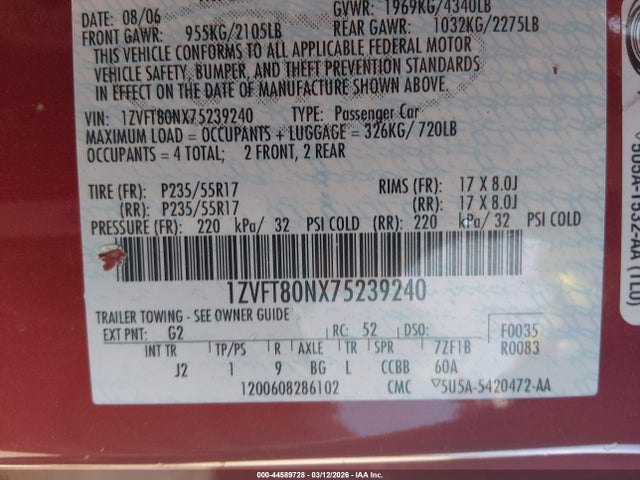 2007 FORD MUSTANG 1ZVFT80NX75239240 Photo 8