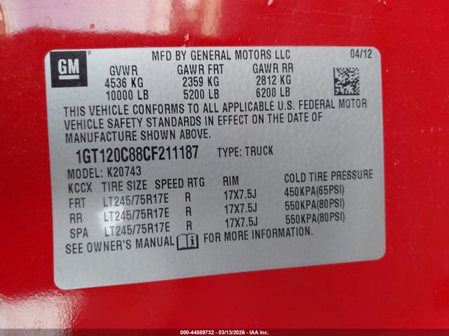 Продаж на аукціоні авто 2012 Gmc Sierra 2500hd Sle, vin: 1GT120C88CF211187, номер лоту: 44589732