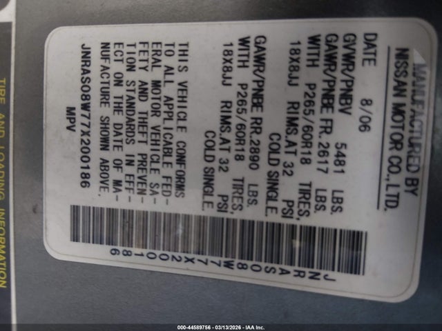 44589756 :رقم المزاد ، JNRAS08W77X200186 vin ، 2007 Infiniti Fx35 مزاد بيع