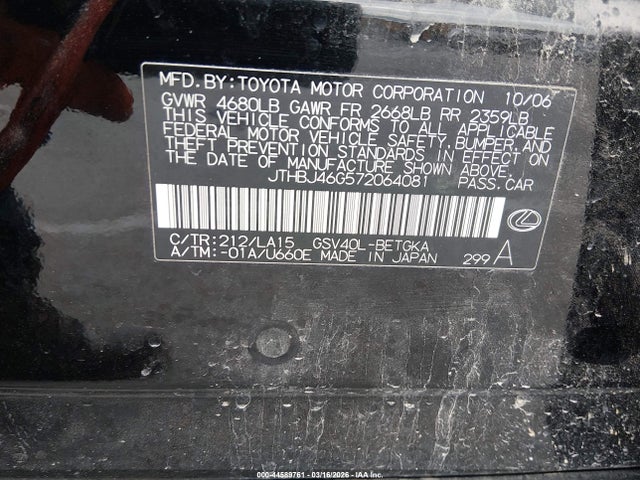 Продажа на аукционе авто 2007 Lexus Es 350, vin: JTHBJ46G572064081, номер лота: 44589761