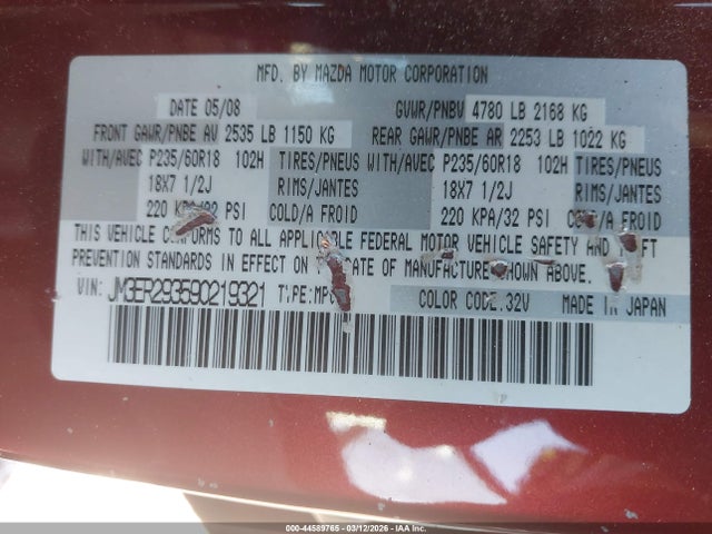 44589765 :رقم المزاد ، JM3ER293590219321 vin ، 2009 Mazda Cx-7 Sport مزاد بيع