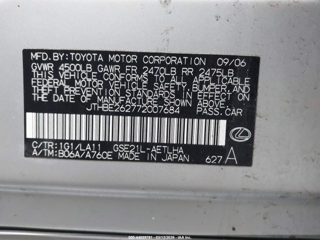 Aukcja sprzedaży 2007 Lexus Is 350, vin: JTHBE262772007684, numer aukcji: 44589791