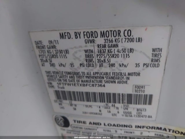 Aukcja sprzedaży 2011 Ford F-150 Fx4, vin: 1FTFW1ETXBFC87364, numer aukcji: 44589803