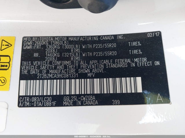 44589811 :رقم المزاد ، 2T2BZMCA9HC081331 vin ، 2017 Lexus Rx Rx 350 F Sport مزاد بيع