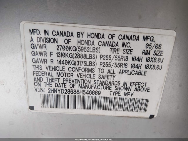 44589825 :رقم المزاد ، 2HNYD28688H546669 vin ، 2008 Acura Mdx Technology Package مزاد بيع