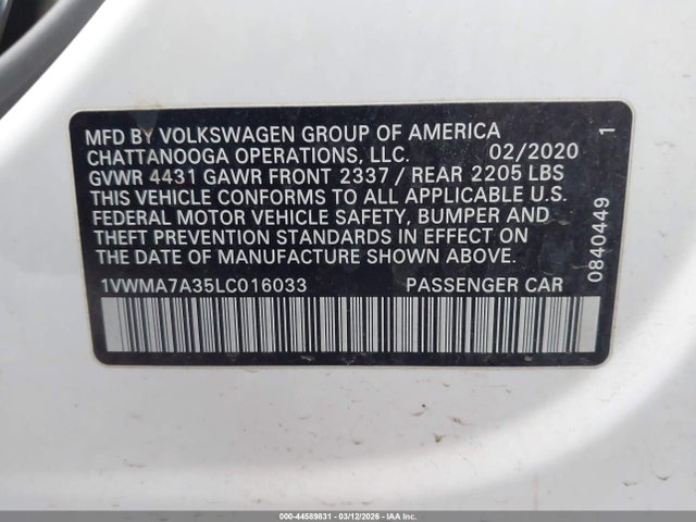44589831 :رقم المزاد ، 1VWMA7A35LC016033 vin ، 2020 Volkswagen Passat 2.0t R-line مزاد بيع