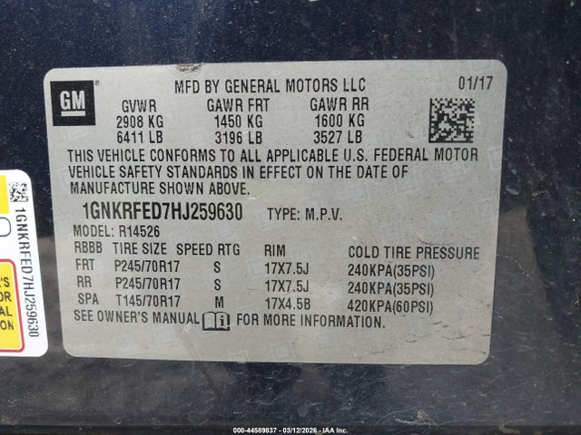 44589837 :رقم المزاد ، 1GNKRFED7HJ259630 vin ، 2017 Chevrolet Traverse Ls مزاد بيع