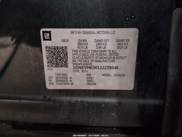 Aukcja sprzedaży 2018 Chevrolet Traverse 3lt, vin: 1GNEVHKW1JJ239048, numer aukcji: 44589857