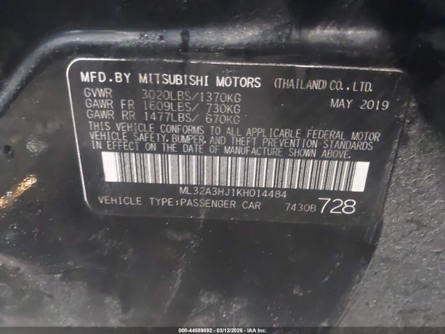 Продаж на аукціоні авто 2019 Mitsubishi Mirage Es, vin: ML32A3HJ1KH014484, номер лоту: 44589892