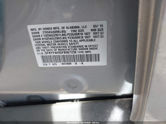 5FNYF4H55FB067230 Honda Pilot Ex-l